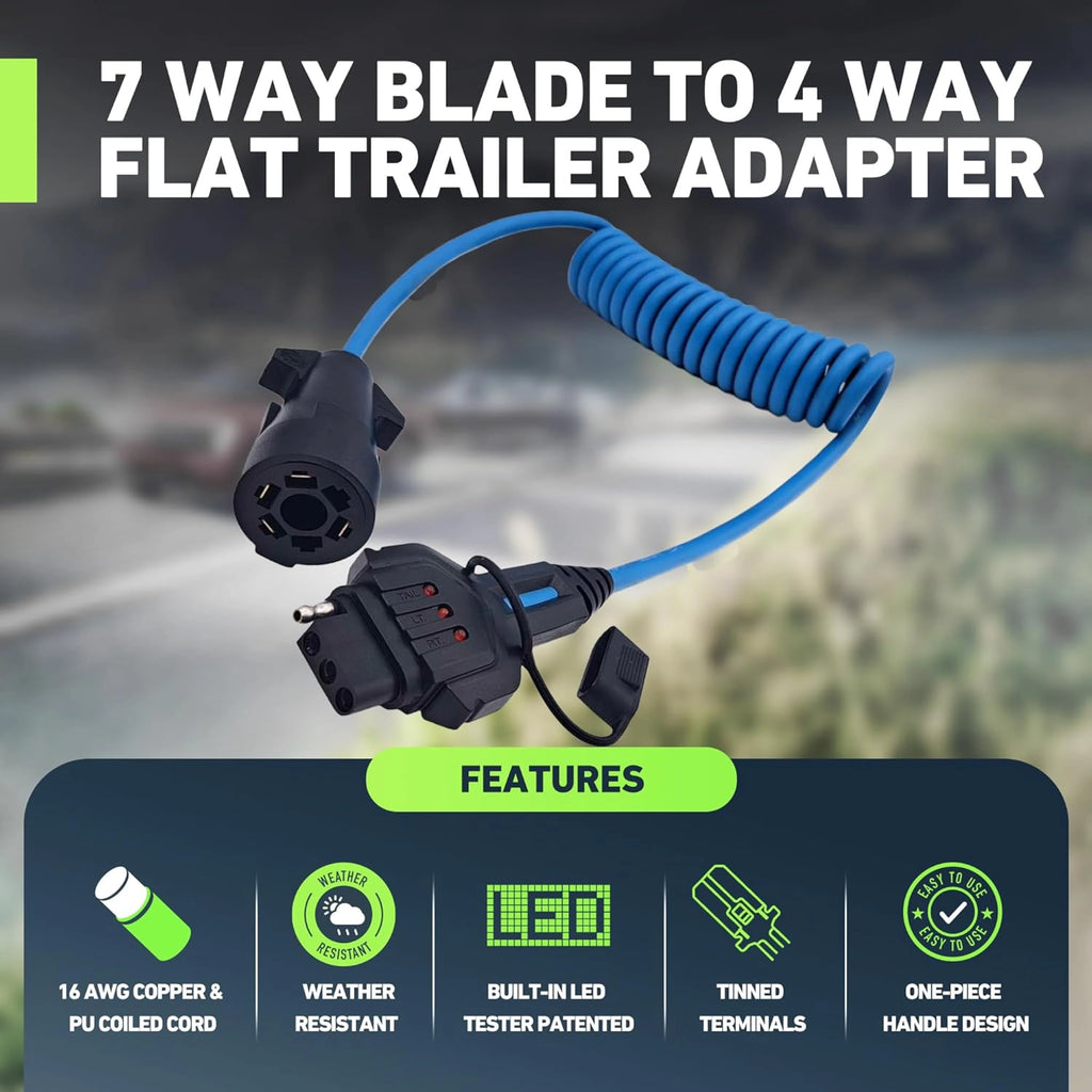 8FT Vehicle-Side 7-Way RV Blade to 4-Way Flat Trailer Wiring Adapter with LED Tester