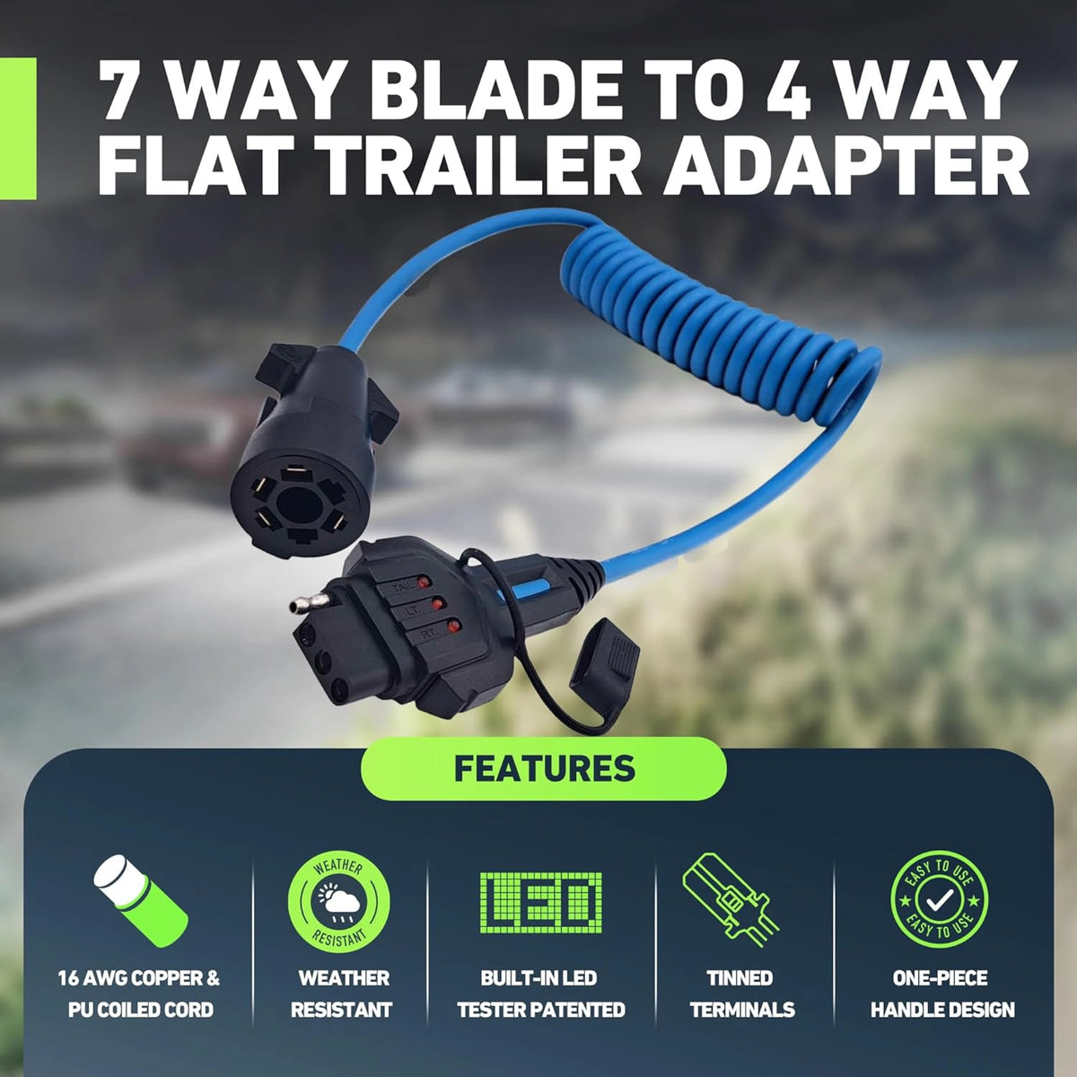 8FT Vehicle-Side 7-Way RV Blade to 4-Way Flat Trailer Wiring Adapter with LED Tester